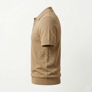 เสื้อเชิ้ตผู้ชายขายส่ง ผ้าฝ้าย 100% พิมพ์ลายถัก สำหรับเสื้อเชิ้ตแขนสั้น ผ้าเนื้อวินเทจสีแทน พร้อมลายปัก ชายเสื้อและปลายแขนแบบริบ - Product Image 3