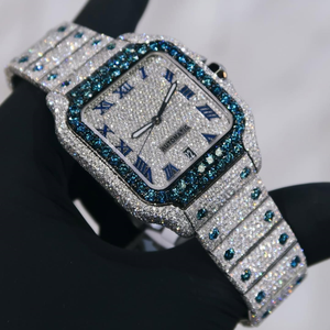 Limited Edition Modern Iced Blue Diamond Bezel Stainless Steel Square Automatic <b>Mechanical</b> <b>Watch</b> Blue Roman Numerals Full Bling - Product Image 2