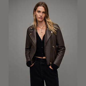<b>Women's</b> Genuine Cow Skin Leather Moto <b>Jacket</b> Turn-<b>Down</b> Collar Full Sleeve Zipper Closure Autumn Style Solid Color - Product Image 4