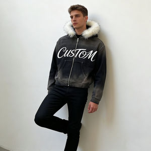 Sudadera con capucha extragrande negra con efecto tie-dye y cremallera, con ribete de piel sintética blanca, estampado personalizado, para hombre, estilo casual urbano, cálida para invierno - Product Image 2