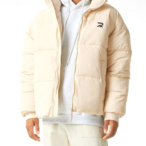 Men's Beige Puffer Jacket Stand Collar Zipper Windproof Casual Winter Coat Regular Fit Polyester Filling - Product Image 1