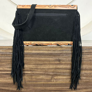 Wholesale Hand Tooled Suede Leather Crossbody Fringe Envelope <b>Bags</b> Western Genuine Leather Floral Carved Bohemian Shoulder Purse - Product Image 5