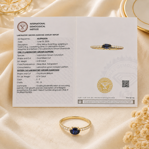 Bague élégante en or massif 14 carats de style ethnique, certifiée IGI avec diamant de laboratoire et saphir bleu royal, bijoux pour femmes - Product Image 6