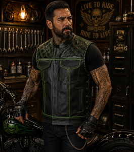 Gilet de motard en cuir noir pour homme, doublure paisley verte, fermeture éclair matelassée, col montant, style moto, vêtement d'extérieur - Product Image 5