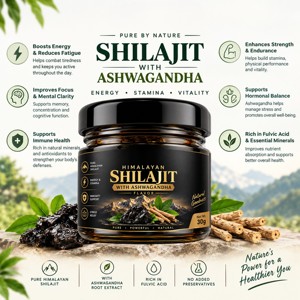 Résine de Shilajit de l'Himalaya OEM/ODM infusée à l'Ashwagandha, riche en acide fulvique et minéraux (82%), Shilahit Premium 30g (60 portions) - Product Image 3