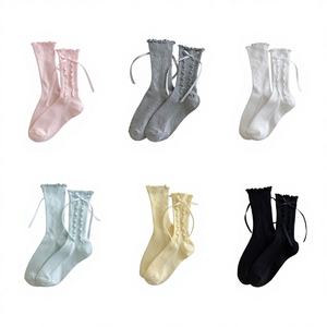 Calcetines de Mujer a Cuadros con Logotipo Personalizado al por Mayor, 100% Algodón, Tejidos, Bonitos, con Encaje, para Pilates, Yoga, Antideslizantes, Transpirables, para Uso Diario - Product Image 3
