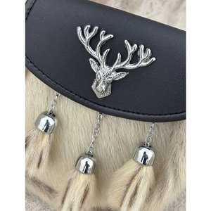 Handmade Black White Fur with <b>Stag</b> <b>Head</b> Antique Leather Kilt Sporran Top Selling Traditional Scottish Pouches and Bags - Product Image 2