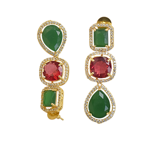 Pendientes colgantes chapados en oro con piedras de circonita verdes y rojas, diseño geométrico para mujer, joyería de fiesta - Product Image 4