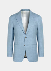 Costume plissé homme en laine/soie sur mesure, bleu clair, coupe ajustée, blazer et pantalon, polyvalent pour affaires et mariages - Product Image 5
