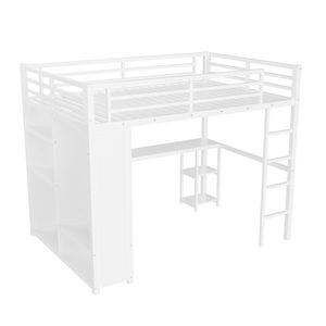 Letto a soppalco matrimoniale in metallo bianco con armadio integrato, scrivania e mensole portaoggetti - Struttura in acciaio stabile e resistente - Product Image 4