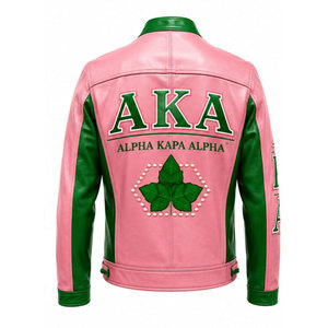 Chaqueta Bomber de Cuero Rosa Bordada Alpha Kappa Alpha AKA para Hombre, Cuello Camisero, Cierre de Cremallera, Estilo Moto - Product Image 6
