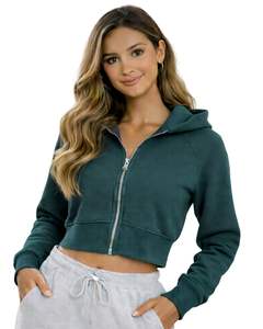 Sudadera con capucha corta personalizada para mujer, con cremallera, manga larga, informal, de felpa suave, estilo urbano, color verde oscuro, para otoño e invierno. - Product Image 1