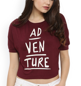 Women's Maroon Cropped T Shirt Contrast <b>Stitch</b> Crew Neck Relaxed Fit Casual Fashion Streetwear Short Sleeve Summer <b>Top</b> - Product Image 1