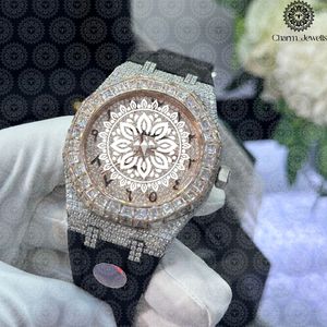 Charm Jewels Luxury Stainless Steel <b>Watch</b> <b>Diamond</b> Encrusted Analog Quartz 43mm Round Case Rubber Band Unisex - Product Image 4