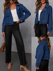 2026 Spring Autumn Stylish Long Sleeve Double Breasted Solid Cropped Denim Motorcycle <b>Jacket</b> for Women - Product Image 4