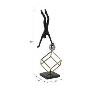 Sculpture contemporaine en bronze, figure humaine en équilibre sur sphère, base géométrique plaquée or, décoration d'intérieur, œuvre d'art, 19 pouces - Product Image 1