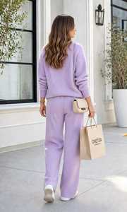 Ensemble de survêtement en tricot lilas pour femmes, col roulé, manches longues, coupe ample, survêtement de détente 2 en 1 - Product Image 3