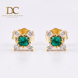 Designer Jewelry 14KT Solid Yellow Gold Lab Grown Diamond and Colombian <b>Emerald</b> <b>Stud</b> <b>Earring</b> Round Cut IGI Certified for Women's - Product Image 1
