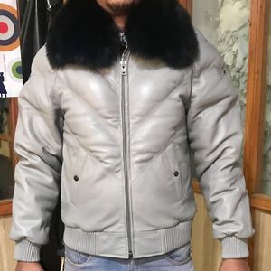 Wholesale Custom Winter <b>Men</b> Genuine Leather V-Bomber Jacket Thick <b>Warm</b> Breathable Patchwork Down Puffer <b>Coat</b> with Big Fur Collar - Product Image 3