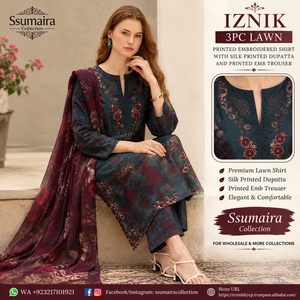 เสื้อเชิ้ตปักลายพิมพ์ลายหญ้า IZNIK-3PC พร้อมผ้าคลุมไหล่พิมพ์ลายผ้าไหม และกางเกงพิมพ์ลายปัก - Product Image 4