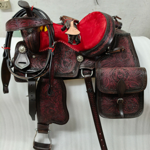 Silla de Montar Occidental de Cuero de Lujo con Asiento de Gamuza Roja y Diseño Floral Grabado a Mano | Conjunto de Silla de Montar Premium para Equitación |   Caballo Cómodo - Product Image 1