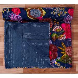 Colcha Kantha de Algodón 100% Orgánico, Hecha a Mano en Rajasthan, Estampada, Reversible, Vintage, Ecológica, para Todas las Estaciones, Tamaño Doble - Product Image 4
