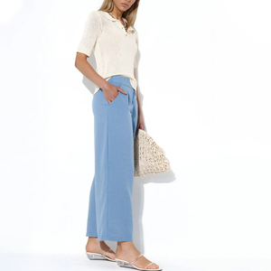 Pantalon plissé décontracté taille haute bleu clair en lin et coton pour femme, coupe ample respirante longueur cheville, idéal pour l'été – Vente en gros - Product Image 4