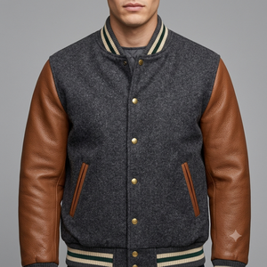 <b>Men's</b> Woolen Varsity <b>Jacket</b> With <b>Leather</b> Sleeves Turn-down Collar Autumn Preppy Style Regular Fit Button Closure - Product Image 6