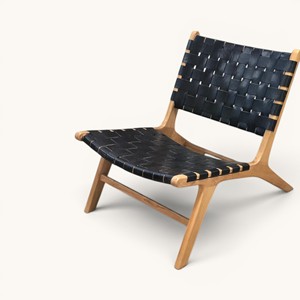 Silla de Madera de Teca Sólida Hecha a Mano de Alta Gama con Respaldo de Cuero Tejido para Vestíbulo de Hotel y Salón de Casa o Villa - Product Image 1