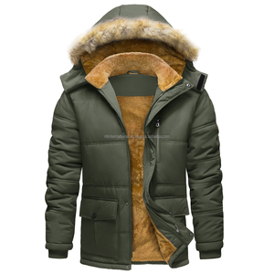Parka à capuche vert olive pour homme, tendance du moment, avec doublure en fourrure, doublure en polaire épaisse, fermeture éclair, vêtement d'extérieur décontracté, toile imperméable - Product Image 2