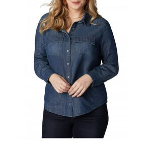 Camisas Vaqueras Elegantes para Mujer, 100% Algodón Orgánico, Dos Bolsillos Delanteros, Corte Casual, Estilo Vaquero, Camisa Vaquera Ajustada OEM - Product Image 1