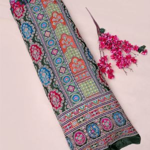 Pure Banarasi <b>Silk</b> Soft Jacquard Brocade Geometric Pattern Multi-Color Dark Green Base Medium Weight for Apparel-Wedding/Special - Product Image 1