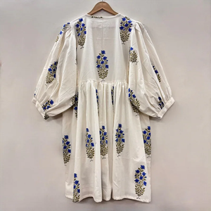 Robe Bohème Formelle à Col en V et Manches 3/4, Imprimé Floral Fait Main au Bloc, 100% Coton Écologique, Ourlet Volanté en Dentelle, Taille Naturelle, Lavable - Product Image 4