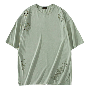 T-shirt à manches courtes pour homme, couleur unie, coupe ample, avec détails déchirés, col rond, style streetwear, jersey en coton - Product Image 1