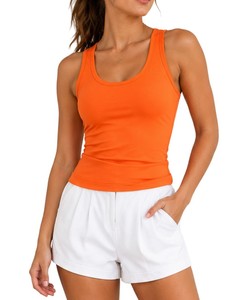 Conjunto Deportivo de 2 Piezas para Mujer, Top Corto Sin Mangas Naranja con Pantalones Cortos Blancos, Tejido Sólido Transpirable, Primavera Verano - Product Image 1