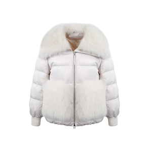 Women's Down <b>Jacket</b> with Real Fur <b>Short</b> <b>White</b> Puffer Coat Fox Fur Collar & Pockets Zipper Closure Luxury Winter Outerwear - Product Image 3