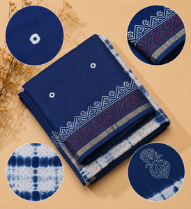 Sari de Algodón Azul Índigo, Sari Tradicional Indio con Estampado Bandhani, Prenda Étnica para Mujer, Sari Shibori Tie Dye con Borlas - Product Image 5