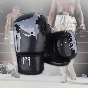 Gants de boxe noirs en PU avec impression gris métallisé, équipement d'entraînement complet pour adultes, arts martiaux, fermeture Velcro - Product Image 6