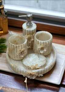 Juego de baño cuadrado de resina, dispensador de jabón líquido de mármol ámbar, vaso para cepillos de dientes, jabonera, bandeja grande para tocador, para baño de hotel - Product Image 4