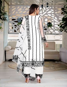 Women's Cream Embroidered Vali-Motij Heavy Net Traditional <b>Indian</b> Pakistani Floor-Length <b>Kurta</b> Set Regular Fit Casual Quick Dry - Product Image 3
