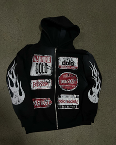 Sudadera con capucha negra personalizada de alta calidad para hombre con llamas blancas y gráficos Dolo Streetwear - Product Image 1