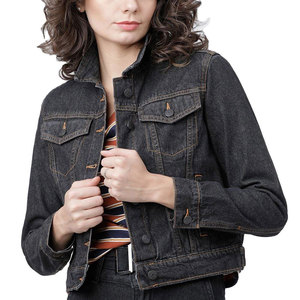 Vestes en jean courtes à manches longues pour femmes OEMODM, col rabattu, fermeture boutonnée, couleur unie, style automne - Product Image 1