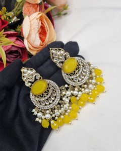Elegant Oval Cut Stone Chandbali Pearl Beaded <b>Dangle</b> <b>Earrings</b> For Women Artificial Ethnic Jewellery Festival Partywear Wholesale - Product Image 6