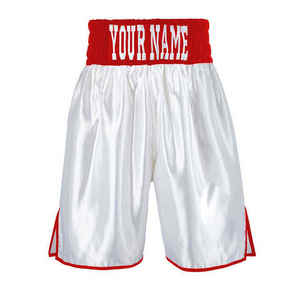 Shorts de boxe blancs pour hommes avec ceinture rouge, impression de nom personnalisée, taille haute élastique, style sportif en satin, polyester tissé - Product Image 4