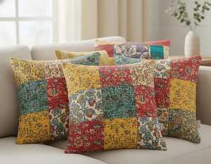 <b>Set</b> of 5 Assorted Patchwork Block Print Cushion Covers – 16x16 Inches, Multi-Color Boho Style - Product Image 3