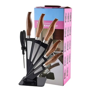 Juego de cuchillos de cocina de acero inoxidable de 7 piezas con soporte giratorio para herramientas. El mango con textura de madera simulada se adapta a la ergonomía. - Product Image 1