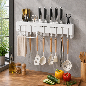 Kitchen Organizer Wall Mounted <b>Rack</b> with Knife Holder Hooks Utensil Hanging <b>Shelf</b> Space Saving Storage Solution - Product Image 1