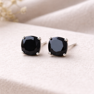 Black Onyx Cushion <b>Stud</b> <b>Earrings</b> 8x8mm Faceted Gemstone Prong <b>Set</b> Minimalist Handmade Jewelry Gift for Her - Product Image 1