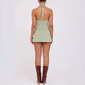 SHENGFU Halter V boyun Backless Bodycon Mini elbise streç örgü <span class=keywords><strong>Sage</strong></span> yeşil zincir bel kulübü kokteyl elbise kadınlar için - Product Image 3