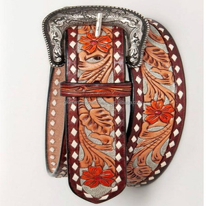 Ceinture d'outillage en cuir occidental de conception gaufrée de sculpture à la main colorée pour hommes et femmes avec la boucle en laiton antique gravée florale - Product Image 5